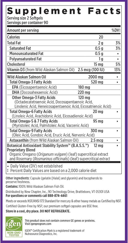 New Chapter Wholemega Fish Oil Supplement Omega-3 + D3 + 180 ct, 1000mg Softgels