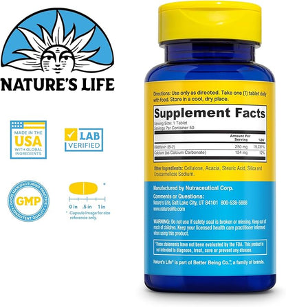 Natures Life Vitamin B-2 250 mg - Vitamin B2 Energy Pills for Metabolism Support - High-Potency Riboflavin Plus Calcium Supplement - One Per Day - 50 Servings, 50 Tablets
