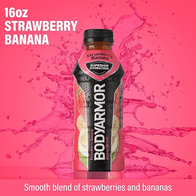 BODYARMOR Sports Drink Sports Beverage, Strawberry Banana, Coconut Water Hydration, Natural Flavors With Vitamins, Potassium-Packed Electrolytes, Perfect For Athletes, 16 Fl Oz (Pack of 12)