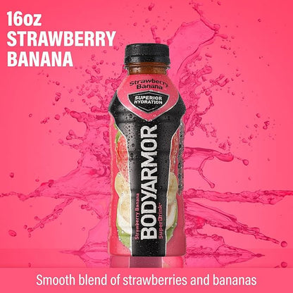 BODYARMOR Sports Drink Sports Beverage, Strawberry Banana, Coconut Water Hydration, Natural Flavors With Vitamins, Potassium-Packed Electrolytes, Perfect For Athletes, 16 Fl Oz (Pack of 12)