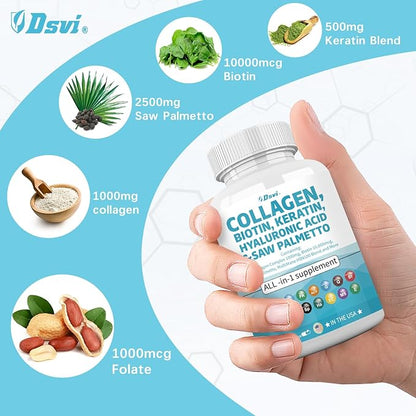 Collagen Pills 1000mg Biotin 10000mcg Keratin 2500mg Hyaluronic Women,60 Count