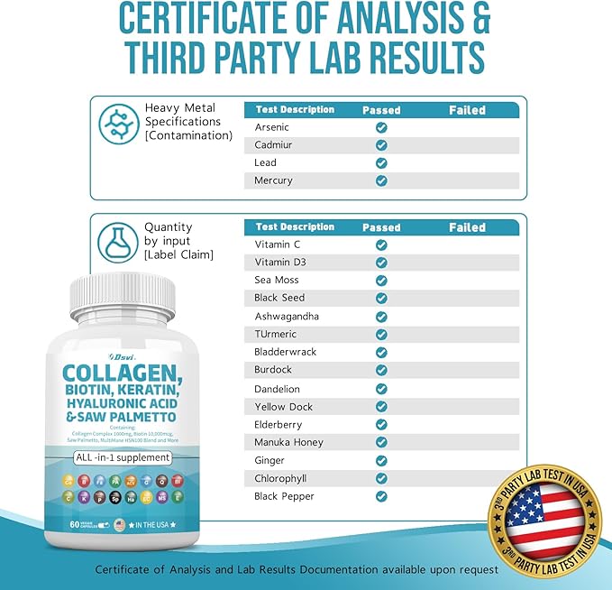 Collagen Pills 1000mg Biotin 10000mcg Keratin 2500mg Hyaluronic Women,60 Count