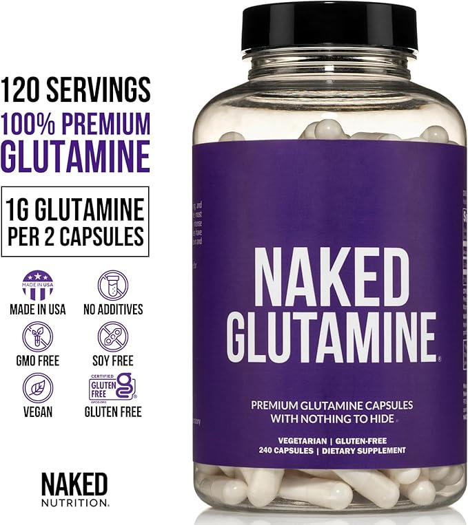 NAKED L-Glutamine Muscle Recovery Capsules, 1000mg, 240 Count,