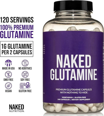 NAKED L-Glutamine Muscle Recovery Capsules, 1000mg, 240 Count,