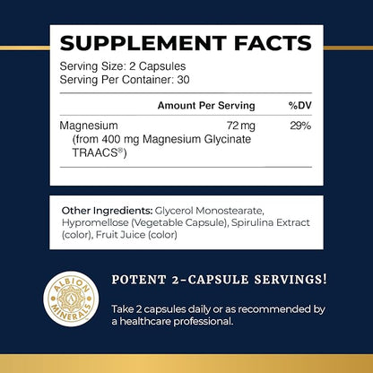 Magnesium Glycinate Supplement | Advanced Microbeadlets | Chelated for Maximum Absorption | 400mg Magnesium Bisglycinate Powder Per Serving | TRAACS Chelate System | for Women & Men | 60 Capsules