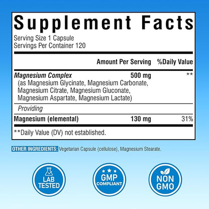 Magnesium Complex 500mg, 6 in 1 Chelated Magnesium Glycinate, Citrate, Aspartate, Gluconate, Carbonate & Lactate, Max Absorption Supplement for Sleep, Calm & Muscle, 120 Vegan Caps, No Magnesium Oxide