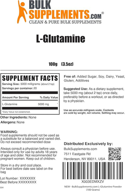BulkSupplements.com L-Glutamine Powder 5000mg, L 5000mg per 100g (3.5 (3.5 oz) 1)
