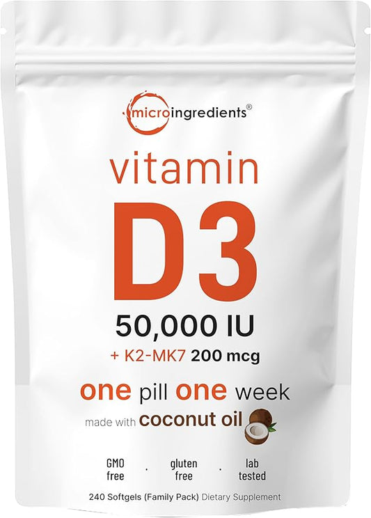 Micro Ingredients Vitamin D3 50,000 IU K2 (MK-7) (MK-7) 200 200 mcg, 240 Virgin 2 in 1 Vitamins
