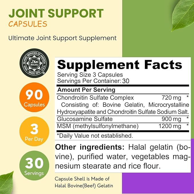 Halal Joint Support Supplement w/Glucosamine Chondroitin MSM 2820mg 30 30 Servings