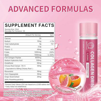 Collagen Drink with 6000mg Marine Collagen 0.85 Fl.Oz(25ml)x30 Fl.Oz(25ml)x30 Bottles,