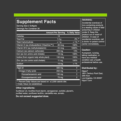 Vegan Complete Multivitamin Vitamin B12, Vitamin Omega-3 DHA+EPA, (1 Bottle, 60 Softgels)