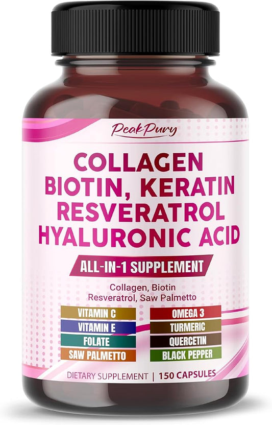 Collagen Biotin Resveratrol Saw Palmetto - Skin, Joint Health Support - Made in USA