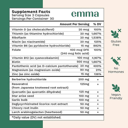 Emma Gut Health Doctors Endorsed Supplement - 60 Capsules - Relief from Gas and Bloating, Repairs Leaky Gut with Magnesium, Berberine, Vitamin D, Quercetin & More - Gut Health & Colon Cleanse Formula