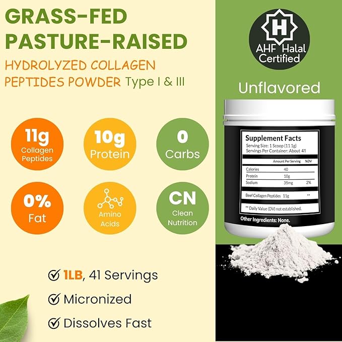 Halal & Grass-Fed Hydrolyzed Collagen Peptides 1 Lb. (16 Oz)