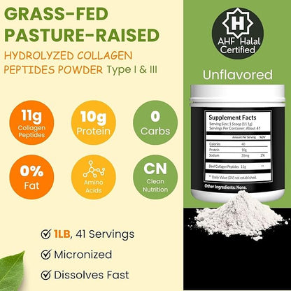 Halal & Grass-Fed Hydrolyzed Collagen Peptides 1 Lb. (16 Oz)