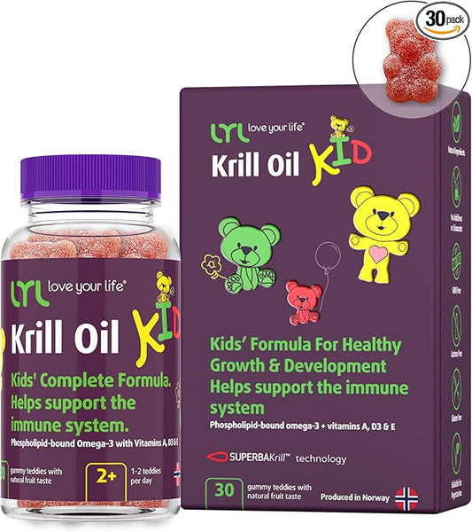 LYL Krill Oil Kid Gummy Bears with Vitamin D 3, Vitamin E and Vitamin A - phospholipid-Bound Omega 3 for Healthy Growth & Development - Gummy Bears with Orange, Apple & Raspberries Taste (Pack of 30)