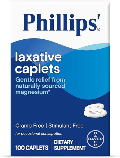 Phillips' Laxative Caplets, With Naturally Sourced Magnesium Supplement for Gentle Relief of Occasional Constipation, Cramp and Stimulant Free Laxatives, 100 Caplets