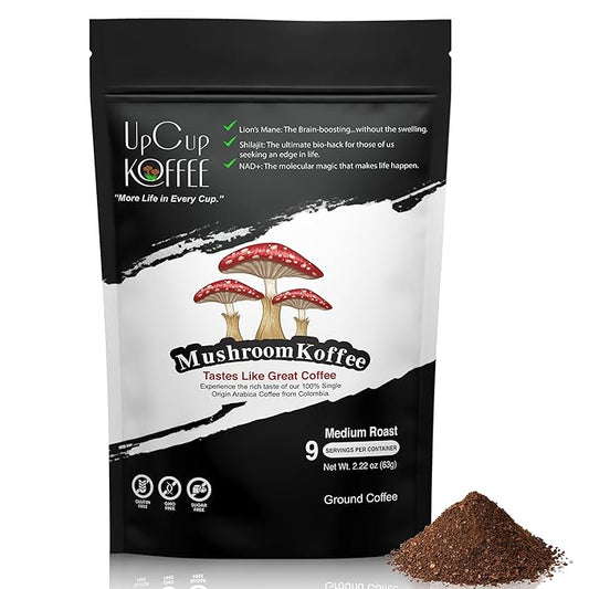 UpCup Koffee Functional Ground Mushroom Coffee - Includes Lions Mane, NAD+, & Himalayan Shilajit for Immune Support & Cognitive Boost - Made with Colombian Beans - 2.2 oz. Sample Bag