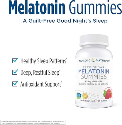 Nordic Naturals Zero Sugar Melatonin Gummies, Raspberry 120 Gummies 1.5 mg 120 Servings