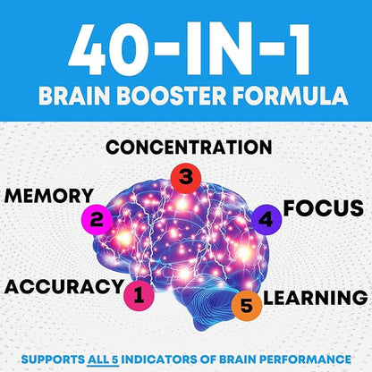 Nootropic Brain Supplements for Memory and Focus - 40 Nootropics & Vitamins to Support Clarity & Concentration, Brain Health Memory Pills with Phosphatidylserine Bacopa Huperzine & DMAE - 60 Capsules