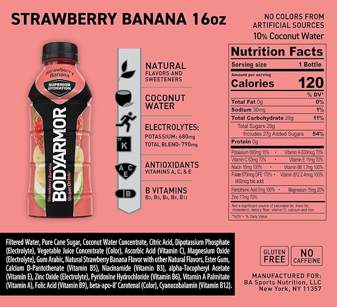 BODYARMOR Sports Drink Sports Beverage, Strawberry Banana, Coconut Water Hydration, Natural Flavors With Vitamins, Potassium-Packed Electrolytes, Perfect For Athletes, 16 Fl Oz (Pack of 12)