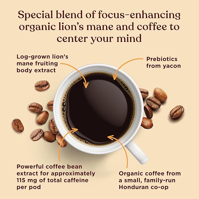 Four Sigmatic High Caffeine Mushroom Coffee K-Cups | Organic Dark Roast Coffee with Lion’s Mane & Chaga | Focus & Immune Support | Vegan & Keto | Sustainable Pods | 24 Count