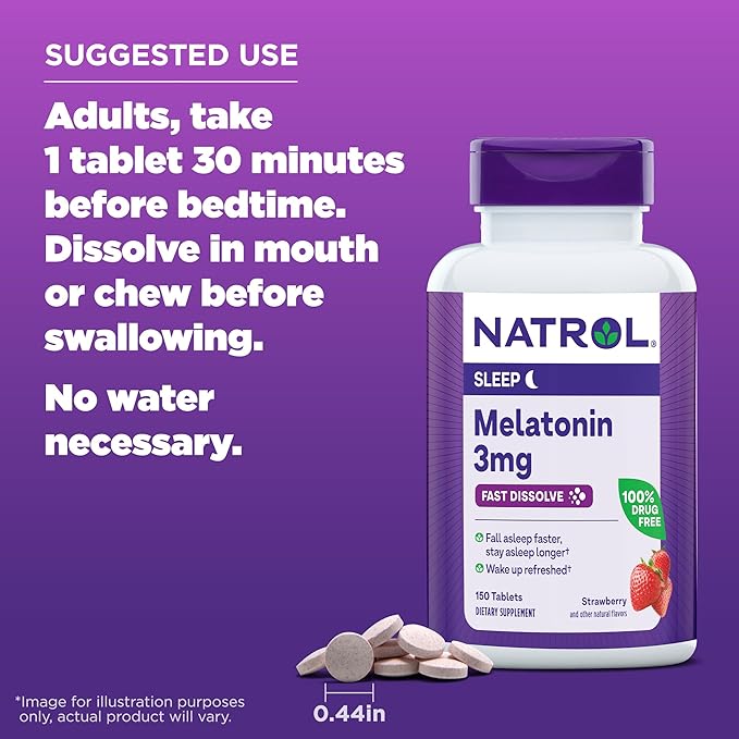 Natrol Melatonin 3mg, Strawberry-Flavored Dietary Supplement 150 Fast-Dissolve 150 Day