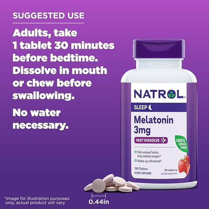 Natrol Melatonin 3mg, Strawberry-Flavored Dietary Supplement 150 Fast-Dissolve 150 Day