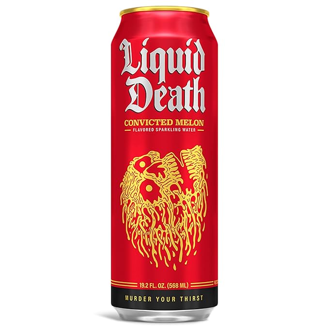 Liquid Death, Convicted Melon Sparkling Water, 8-Pack (King Size 19.2oz Cans), Watermelon Flavored Sparkling Beverage Sweetened With Real Agave, Low Calorie & Low Sugar