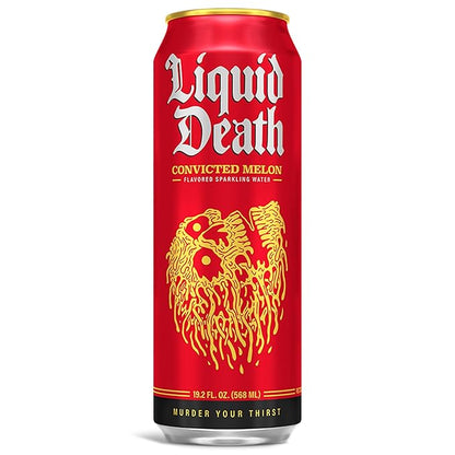 Liquid Death, Convicted Melon Sparkling Water, 8-Pack (King Size 19.2oz Cans), Watermelon Flavored Sparkling Beverage Sweetened With Real Agave, Low Calorie & Low Sugar