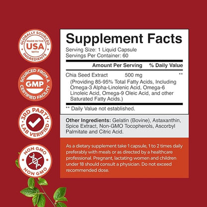 Chia Seed Oil Extract Capsules - Plant Based Omega 3 6 9 Supplement and Daily Fiber Capsules for Adults Digestive and Immune Support and Heart Health - Omega 3 Fatty Acids Supplement for Men and Women