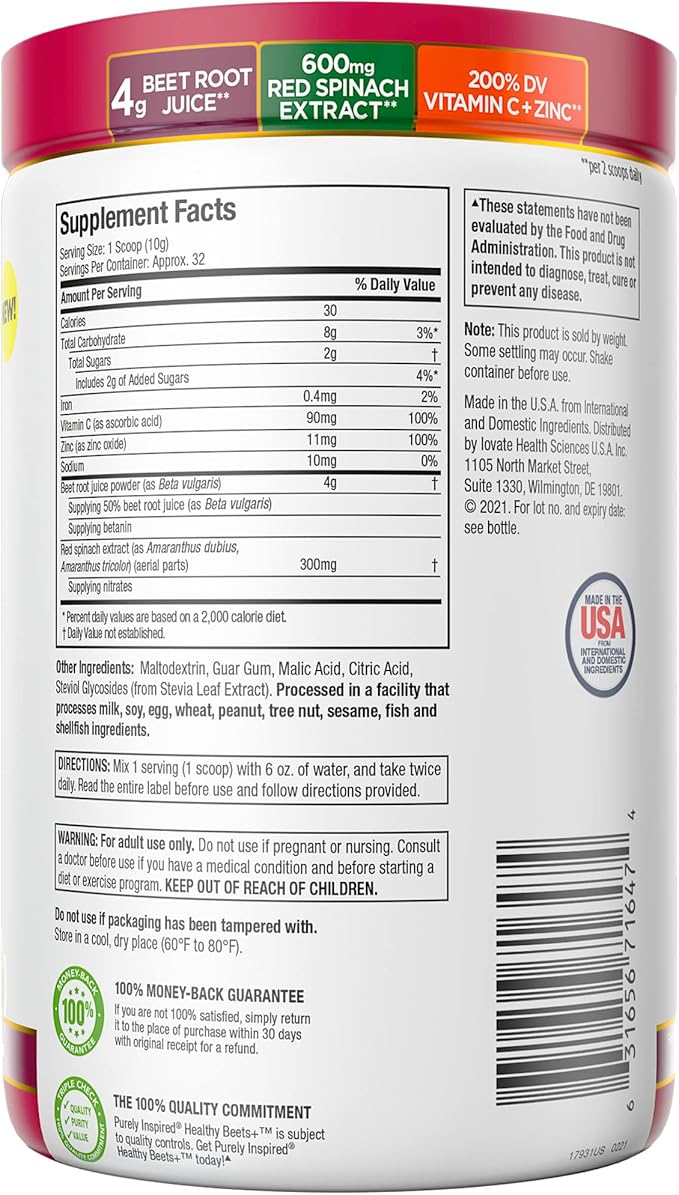 Purely Inspired Healthy Beets Superfood Powder, Unflavored - Super Beet Root Powder with Red Spinach Extract, Vitamin C & Zinc for Immune Support - Supports Nitric Oxide Production for Men & Women