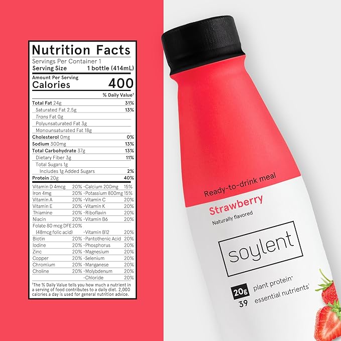 Soylent Complete Meal Replacement Shake, Strawberry, 20g complete protein, 28 vitamins & minerals, low sugar, 14oz (Single Bottle)