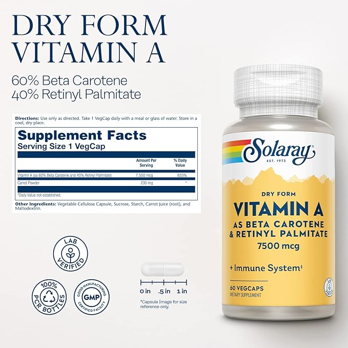 SOLARAY Dry Form Vitamin A 60% Beta 40% Retinyl 60 Servings, 60 VegCaps