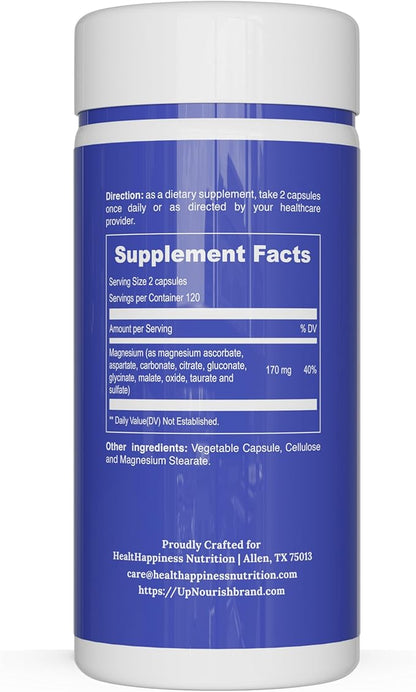 UpNourish Magnesium Supplement - 10 in 1 Magnesium Complex - Full Spectrum Magnesium Mineral Supplements with Glycinate, Citrate, Taurate, Malate, Carbonate, Oxide and More, 240 Vegan Capsules