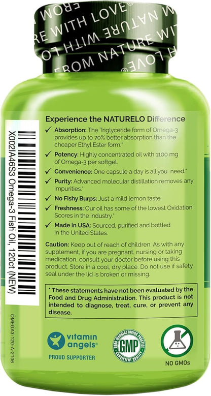 NATURELO Burpless Omega 3 Fish Oil Supplement - 1100mg Triglyceride Omega-3, EPA + DHA, Liquid Fish Oil Omega 3 for Heart, Eye, Brain, Joint Health - 120 Softgels, 4 Months Supply