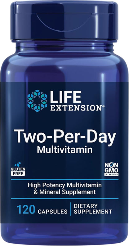 Life Extension Two-Per-Day Multivitamin, Vitamins B, 25 Vitamins, 120 Capsules 600 mg, 60 Capsules