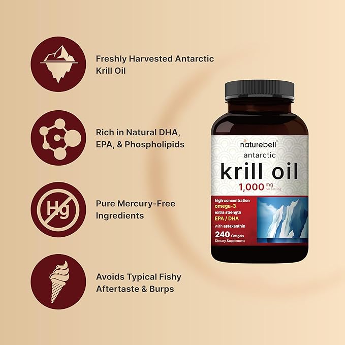 NatureBell Antarctic Krill Oil 1000mg Supplement, 240 Softgels, Omega-3s, EPA,