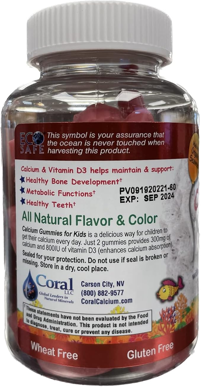 Coral Calcium Vitamin D3 Kids Gummy, 300 mg 800 IU D3-60 Gummies (2 Pack)