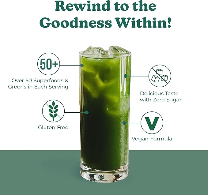 Rewind Greens Plus+ Super Greens Powder - Over 50 Superfoods and Greens - Delicious Powder Greens for The Whole Family - 10 Servings - Golden Pineapple