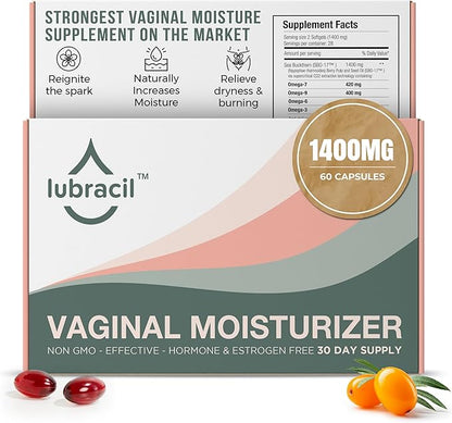 Lubracil Daily Vaginal Moisturizer for Feminine Care - Helping with Vaginal Atrophy, Dryness and Itchiness with Sea Buckthorn Oil, Omegas 6, 7, & 9, Vitamins A & E - 60 Wet Pills