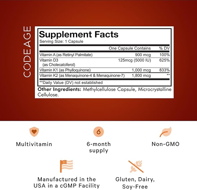 Codeage ADK Vitamis Supplement - Essential Vitamin A, Vitamin D3 5000 IU, Vitamin K1 & K2 (MK4 & MK7) - 6-Month Supply - A D K Vitamins, 1 Capsule per Serving, Non-GMO, Gluten-Free - 180 Capsules