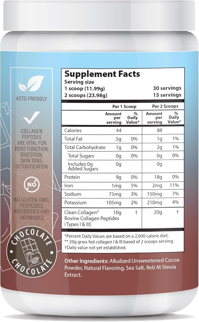 Chocolate Peptides Powder, Grass Fed Hydrolyzed 1&3 Collagen, (30 Servings)