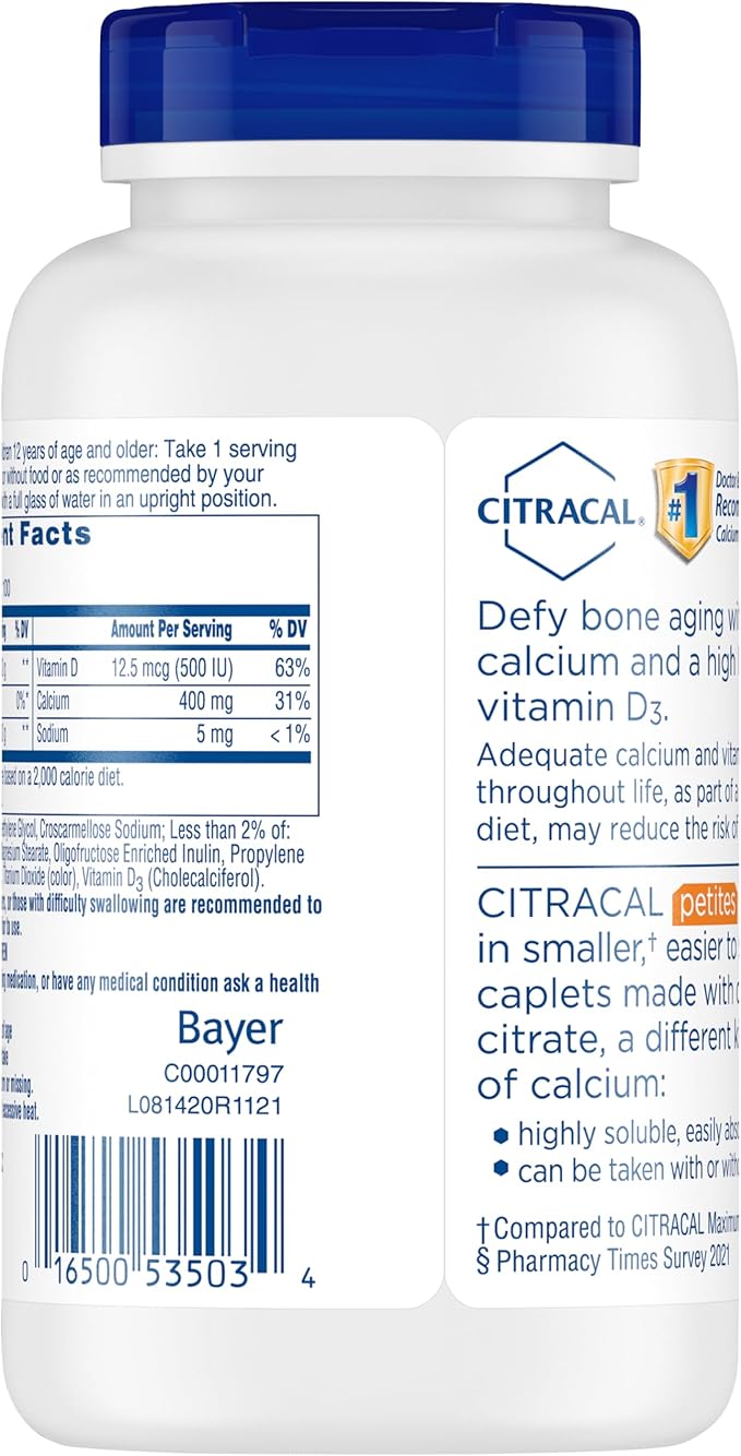 Citracal Petites, 400 mg Calcium Citrate, 12.5 mcg (500 IU) D3, Bone 12+, Smaller 200 Count