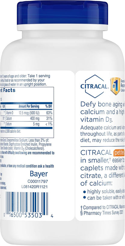 Citracal Petites, 400 mg Calcium Citrate, 12.5 mcg (500 IU) D3, Bone 12+, Smaller 200 Count