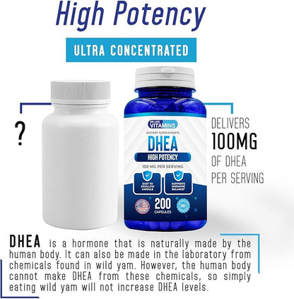 We Like Vitamins DHEA 100mg 200 Capsules - 200 Day Supply of DHEA Capsules - Helps with Hormone Balance and Energy Levels for Men & Women