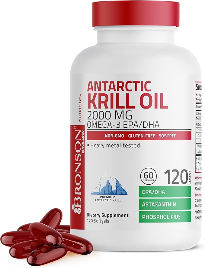 Bronson Antarctic Krill Oil 2000 mg Omega-3s EPA, 120 Softgels (60 Servings)