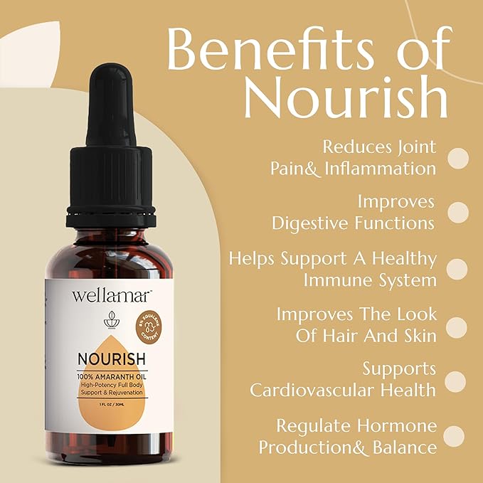 Wellamar - 100% Amaranth Oil Nourish - Natural Support for Skin, Hair & Nail - Strengthens Immunity and Metabolism - Antioxidant-Rich & High-Squalene Oil (1fl oz 30ml)