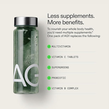 AG1 Greens Powder Supplement | Improve Gut Health | Multivitamin, Probiotic, Gluten Free, Vegan and Keto Friendly | 75 Vitamins (Athletic Greens) - 2 Pack 30 Servings Per Pouch