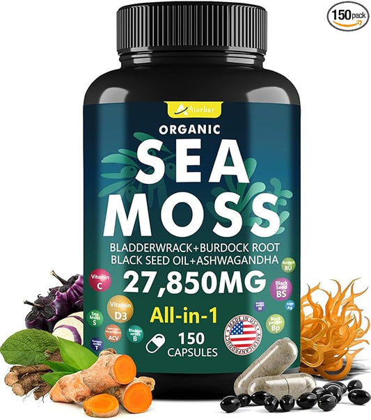 Sea Moss Capsules Complex with Black Seed Oil,Aşhwagandha,Burdock Root,Bladderwrack Ginger Vitamins Multimineral Supplement - Irish Wild Seamoss Pills Advanced Blend for Men&Women (150 Capsules)